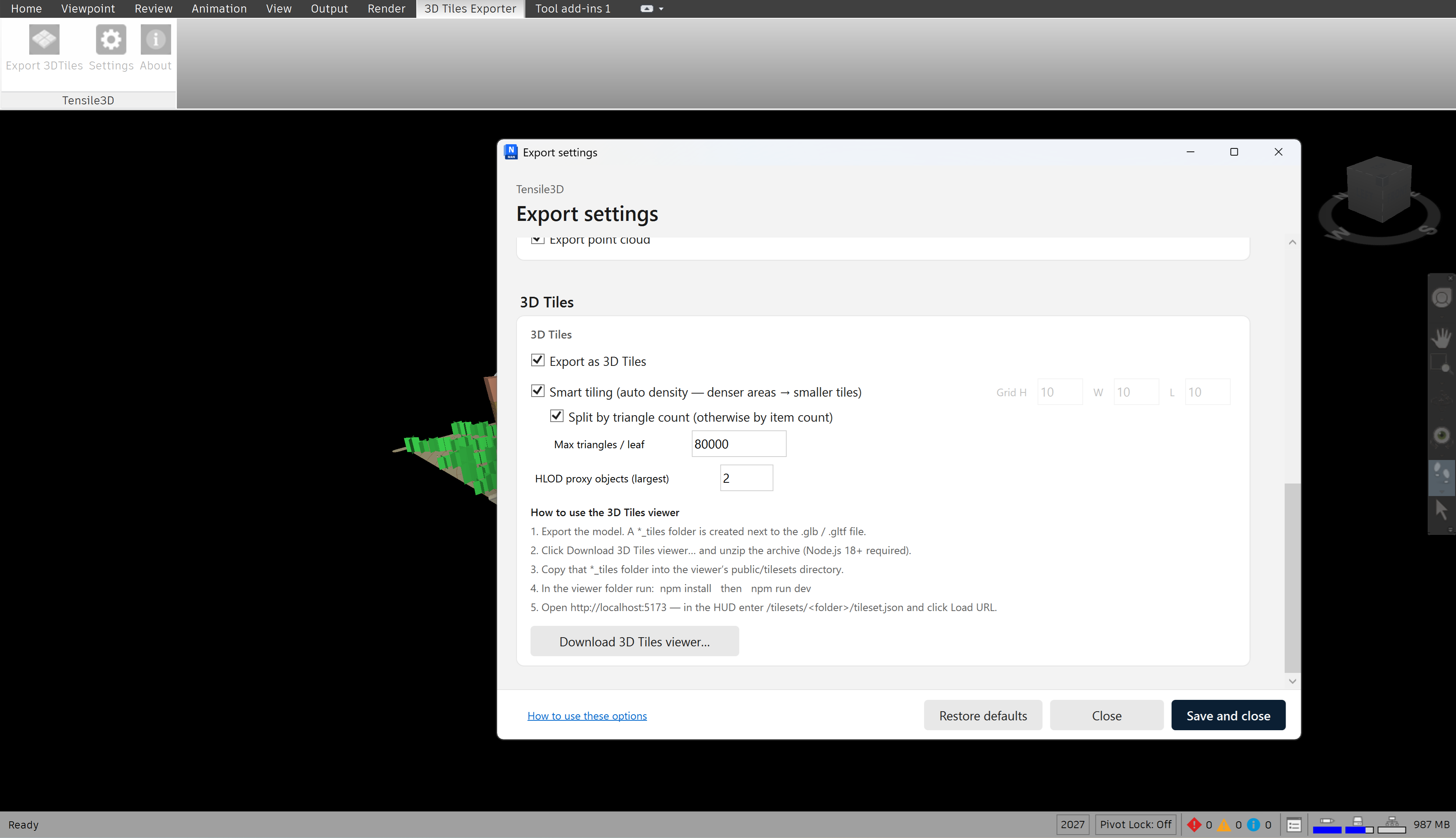 3D Tiles Exporter settings dialog in Navisworks